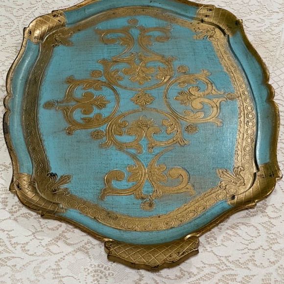 Vtg Florentine Italian Wood Guilded Toleware Tray Turquoise/Gold 22 ¾"L x 14.5"W - Picture 6 of 6